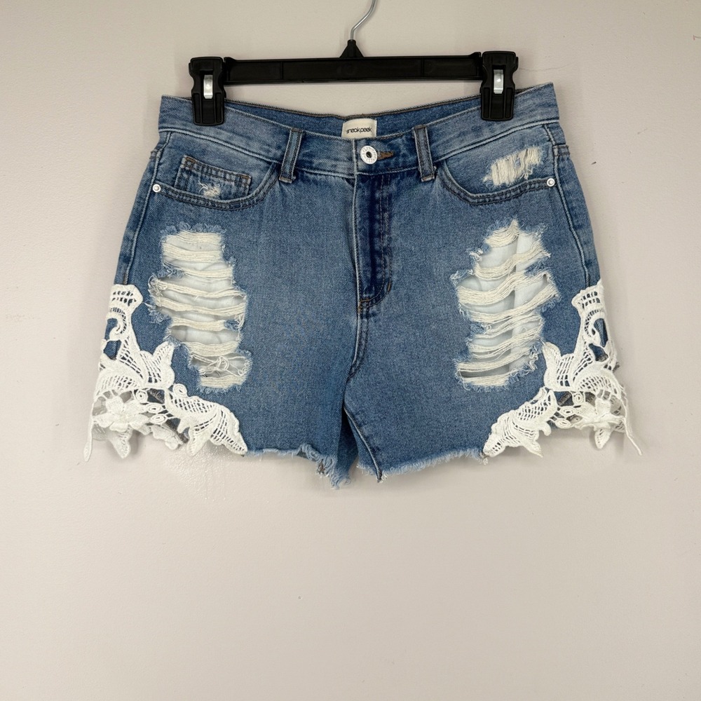 Sneak Peek Denim Shorts Womens S Blue Lace Distressed Boyfriend Crochet Boho